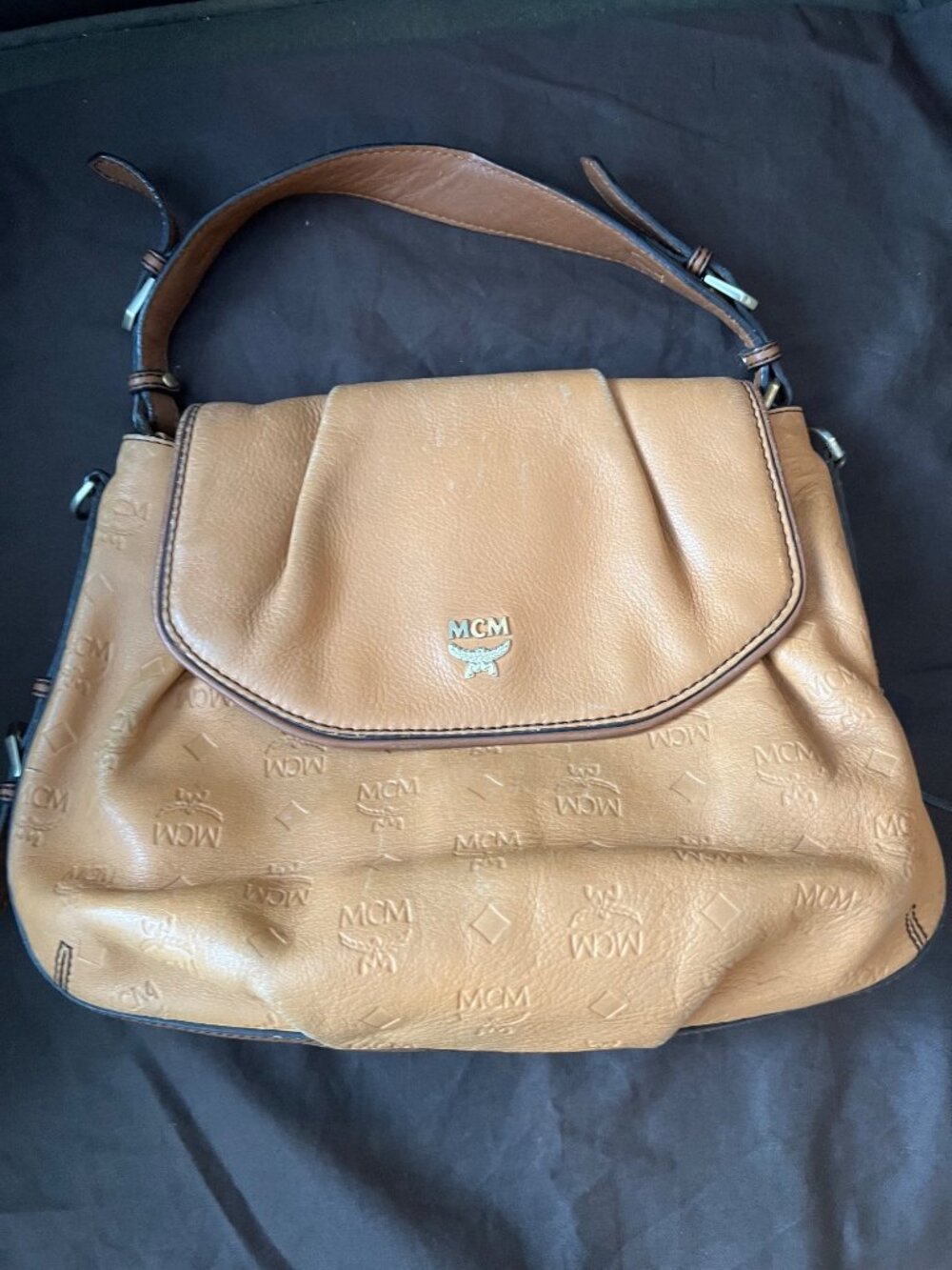 MCM Cognac Leather Monogram Shoulder Bag